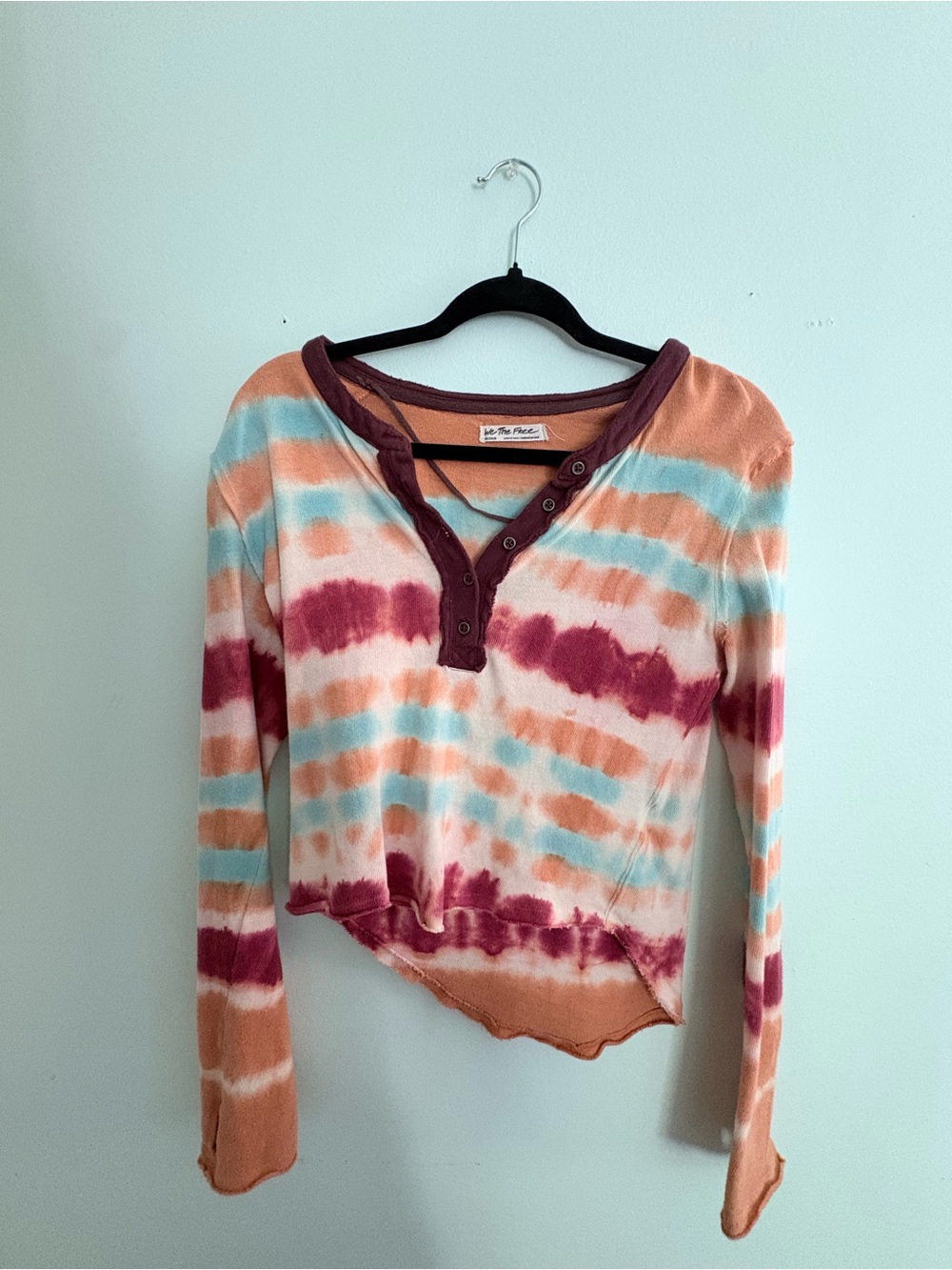 We The Free Tie-Dye Long Sleeve Henley Top in Peach, Aqua & Burgundy